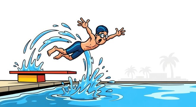 Cartoon Man Diving into Swimming Pool with Big Splash.