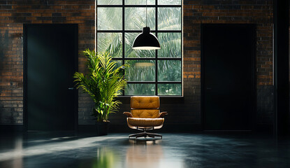 Modern industrial office interior featuring stylish brown chair, large windows, and potted plant, creating serene atmosphere