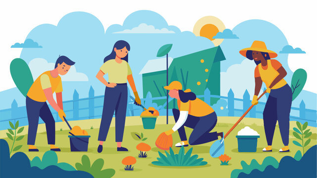 A group of volunteers clean and maintain the community garden located on the grounds of the cultural arts center.. Vector illustration