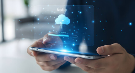 Secure cloud backup loading on smartphone interface with glowing effects