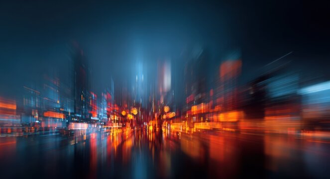 Dynamic city skyline at night with motion blur effect, tall buildings illuminated by orange and red neon lights against deep blue evening sky