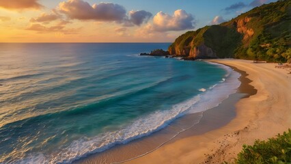 Tropical paradise beach at sunset with golden light and turquoise waves