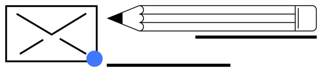 Envelope with a blue dot, pencil, and simple lines convey ideas of messaging, creativity, correspondence, writing, problem-solving, minimalism, and communication in a simple flat metaphor