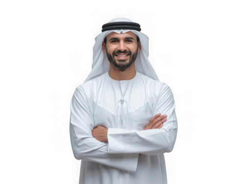 Smiling arab man in traditional clothing isolated on transparent background