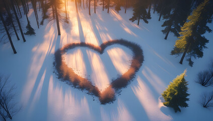 Heart shape in the snow aerial view of winter forest landscape symbol of love and nature connection