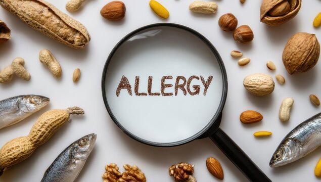 A magnifying glass focuses on the allergy surrounded by various food items, highlighting potential allergens and the importance of awareness for dietary restrictions and health. - Powered by Adobe
