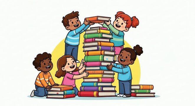 Children Building a Tower of Books Together.