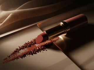 Elegant lipstick swatch with luxurious fabric and warm lighting