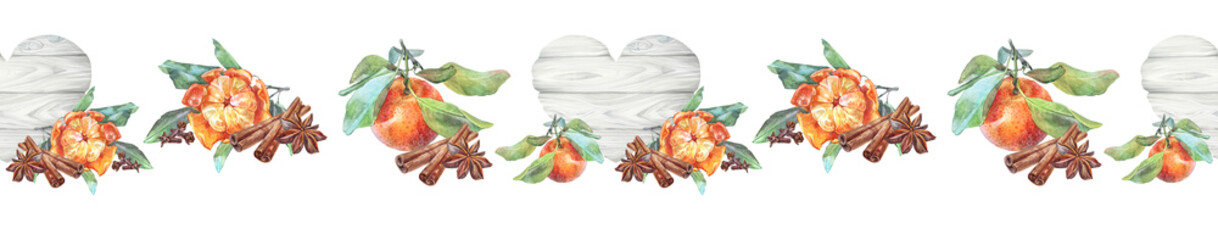 Watercolor seamless border with tangerine cinnamon and anise star and board with copy space isolated on white background. Heart and condiment and fruit. Christmas food. Rim for wallpaper or wrapping