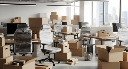 Moving Day in a Modern Office, Desks and Chairs Wrapped in Plastic, Commercial Office Relocation
