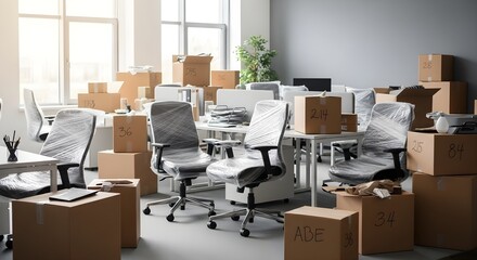 Boxes and Wrapped Chairs in Empty Office, Moving Out of Corporate Space, Office Relocation Scene