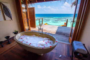 Charming bath tube in the bungalow. Tropical island beach landscape exotic shore coast. Summer vacation, holiday amazing nature. Relax paradise, Maldives.