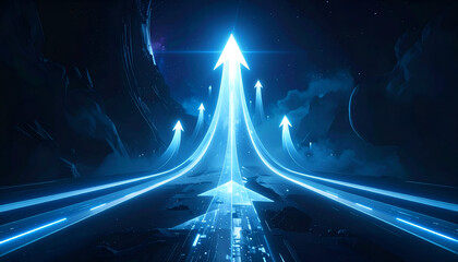Futuristic neon arrows soaring through galaxy, symbolizing growth, ambition, and digital transformation success.