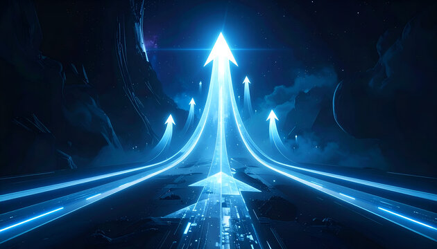 Futuristic neon arrows soaring through galaxy, symbolizing growth, ambition, and digital transformation success.