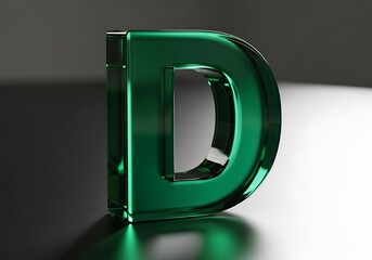 Green metallic letter d with reflections on a dark surface