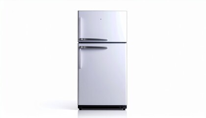 Isolated White Refrigerator on White Background with Two Doors and Chrome Handles Classic Kitchen Appliance Clean