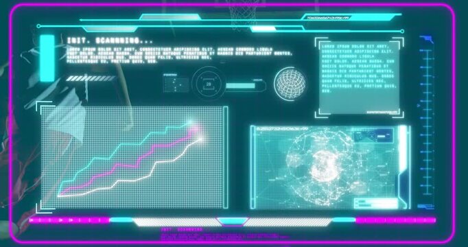 Male operator responding to INIT SCAN, adjusting transparent HUD globe and graphs for tech insight