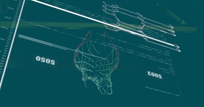 Solid basketball entering from lower, wireframe rim and net deforming as HUD updating year metrics