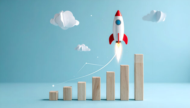 Rocket icon soaring above increasing bars and trend line, concept of success, ambition and accelerated development.