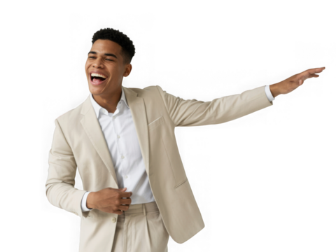 Smiling man in a suit pointing to the right isolated on transparent background