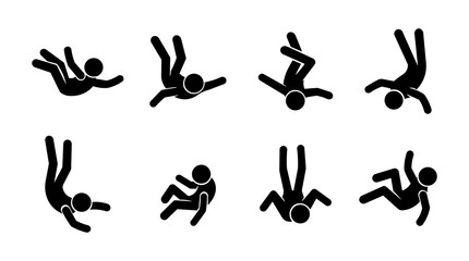 Stickman Falling Set - 8 Poses of Falling People Minimalist Flat Vector.
