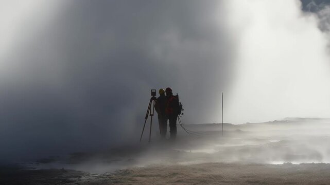 Medium shot capturing surveyors conducting a magnetometer survey near steaming geothermal vents to identify underground heat flow patterns.