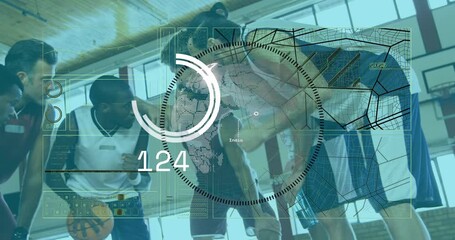 Basketball team huddling on break with ballholder HUD gauge over rising then falling, planning play - Powered by Adobe