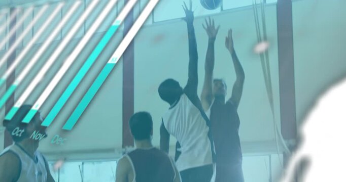 Team moving after pass in gym, shooter shooting while sports charts sliding over players to score - Powered by Adobe