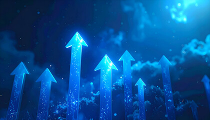 Glowing blue arrows rising through night sky and stars, symbolizing futuristic growth, success, and innovation.