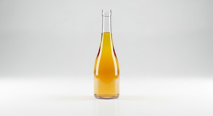Clear Glass Bottle Filled with Golden Liquid on a White Background.