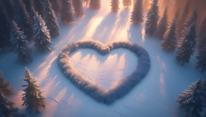 Snowy heart shape in a winter forest clearing created with snow symbolizing love and romance in a serene cold environment