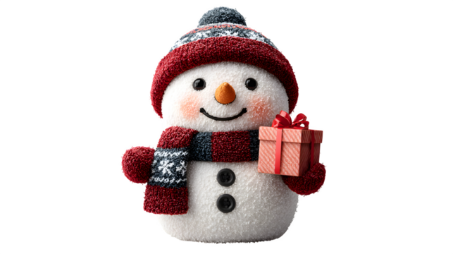 Cheerful snowman with carrot nose, red hat, and gift box for Christmas celebration isolated on white background