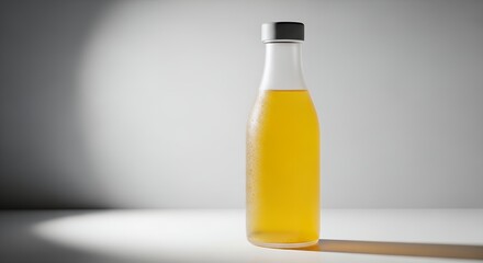 Clear Glass Bottle with Golden Liquid on a White Surface with Spotlight.