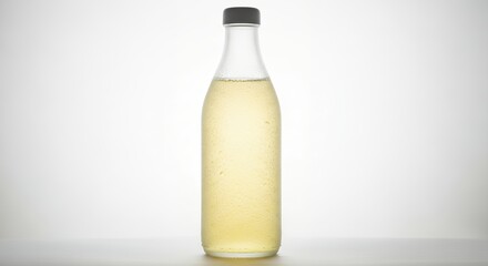 Clear Glass Bottle with Light Yellow Liquid and Black Cap on White Background.