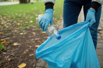 Person in blue gloves and jeans collecting trash in a blue bag outdoors environmental cleanup