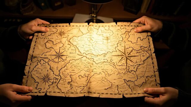 Person's hands holding an antique treasure map illuminated by a desk lamp in a dark, mysterious room, suggesting adventure and discovery.