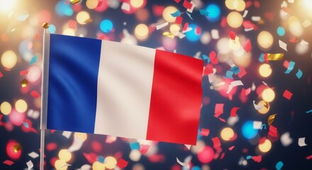 France flag with colorful confetti and sparkling bokeh lights, symbolizing celebration of national holidays and Bastille Day