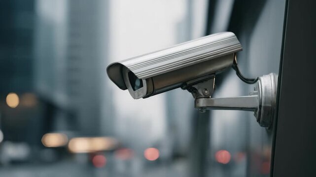 Medium shot of a solarpowered security camera mounted on a building highlighting ecofriendly surveillance technology in urban environments.