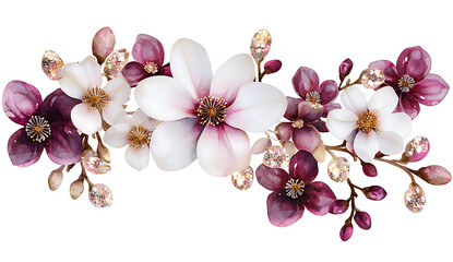 Beautiful pink magnolia flowers with delicate petals and sparkling accents create stunning floral arrangement