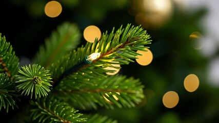 Detailed view of a fresh evergreen pine branch with a bright LED Christmas light, surrounded by soft, out-of-focus golden holiday lights, creating a warm and festive atmosphere. - Powered by Adobe