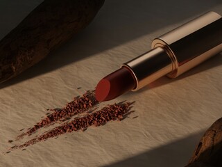 Luxury lipstick swatch showing rich red pigment and elegant gold casing for makeup artistry