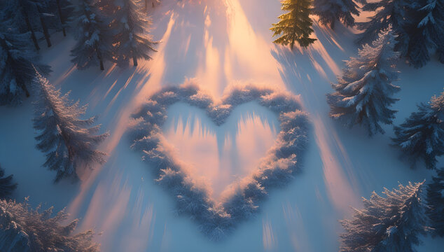 Heart shape in snow aerial view of winter forest romantic concept for Valentines Day