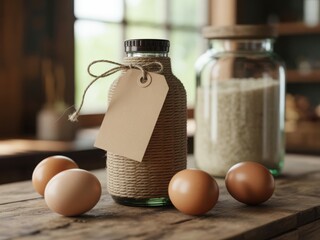 Rustic jar with tag eggs on wooden surface soft focus natural light cozy atmosphere
