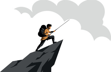 Man in Orange Jacket Fishing From Rocky Peak Under Cloudy Sky