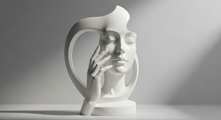 Abstract White Sculpture of a Woman's Face with Elegant Hand Against Soft Gray Background with Dramatic Light Rays