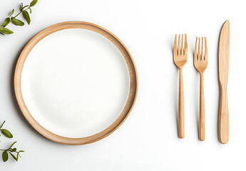 Stylish table setting with wooden plate, fork, and knife, perfect for modern dining experience