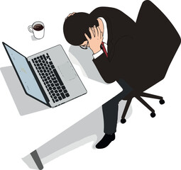 Man In Suit Holds Head In Hands Sitting At Desk With Laptop And Coffee