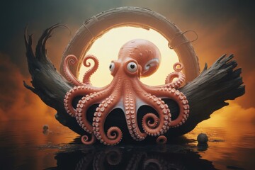 Whimsical octopus emerging from a mystical glowing portal in a dramatic scene
