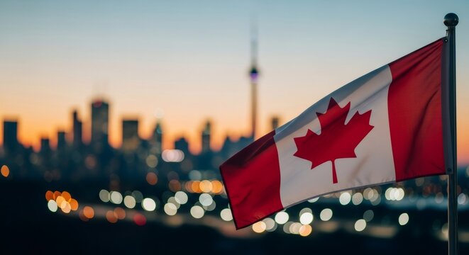 Canadian flag proudly waving with a blurred city skyline and beautiful sunset bokeh lights in Toronto, Canada. National independence day holiday concept.