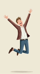 Man Jumping For Joy In Brown Blazer And Blue Jeans